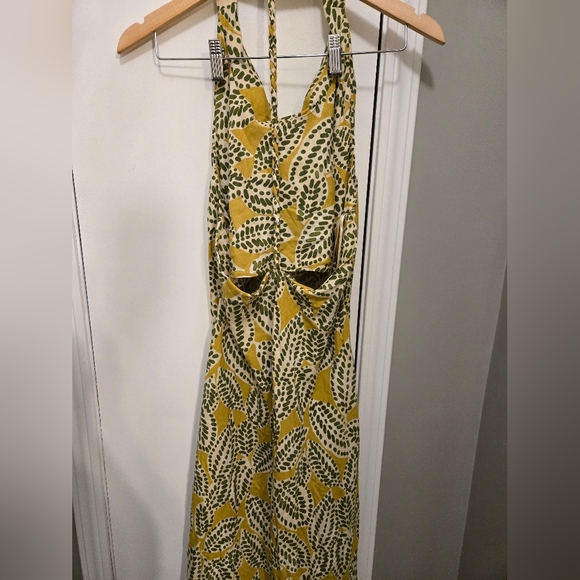 Zara Linen Blend Leaf Pattern Midi Dress Size Large Green, Yellow & Cream - Picture 11 of 14